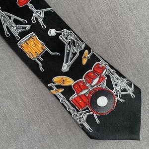 Men's Dress Tie with Drums (trap set). Black background. GUC